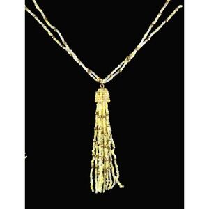 New CAROL DAUPLAISE Beaded 2-Strand Necklace TASSEL PENDANT Yellow Bronze White